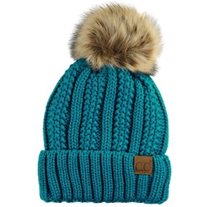 C.C Thick Cable Knit Faux Fuzzy Fur Pom Fleece Lined Skull Cap Cuff Beanie, Teal